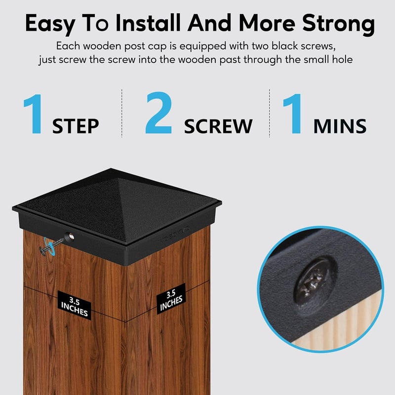 INDECKMO 4x4 Post Caps – Aluminum Pyramid Caps Fits 3.5" x 3.5" Wood Posts, Black Matte Post Covers for Fence, Deck, and Mailbox (6 Pack) - Image 5